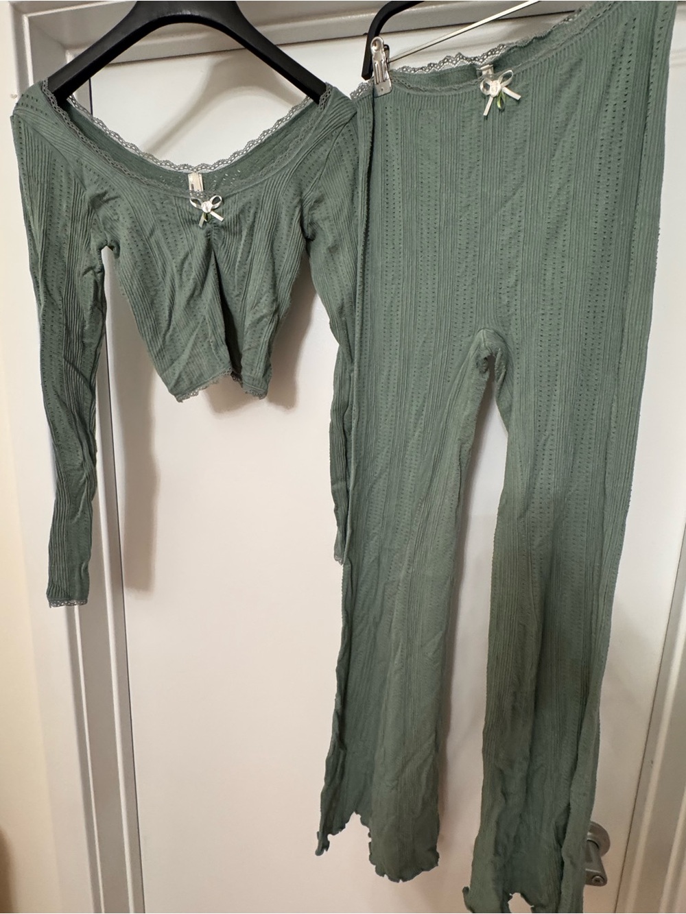 Anthropologie Sage Green Ribbed Lace-Trim Two-Piece Sleep Set